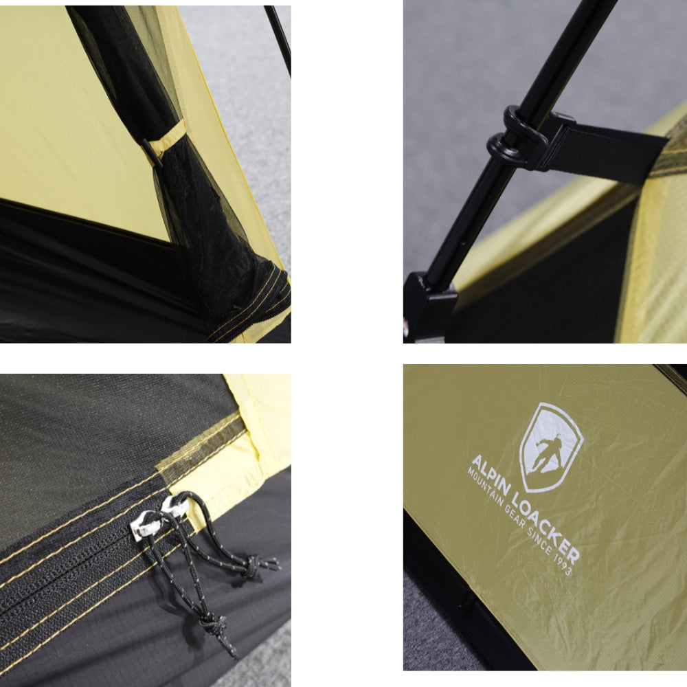 Vierteilige Nahaufnahme des Cloud Pro Up 2 - 20D leichtes Zwei Mann Zelt mit Mesh-Panel, Zeltstangengelenk, Doppelreißverschluss und Alpin Locker Logo.