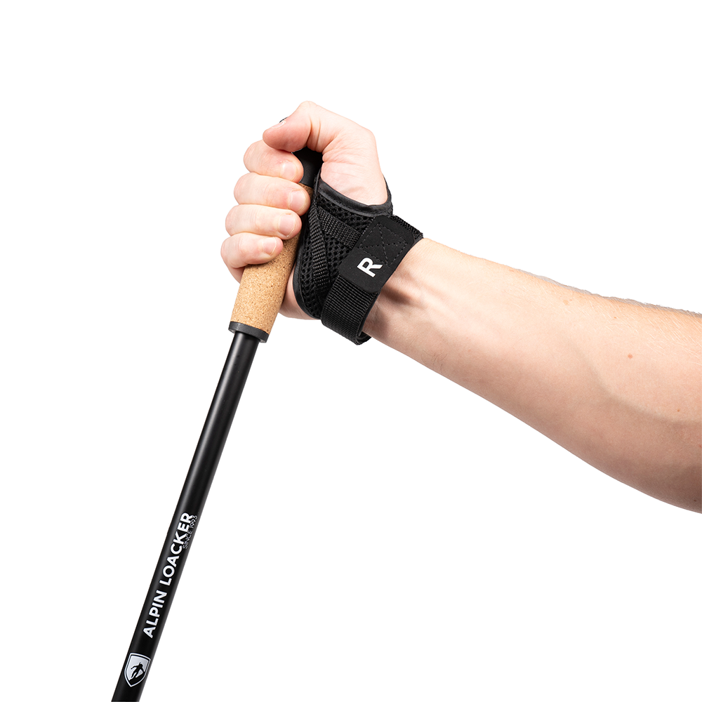 Hand greift den Korkgriff eines Alpin Loacker Teleskop Nordic Walking Stocks mit verstellbarer Länge, robustem Aluminium und ergonomischem Design für komfortables Wandern.