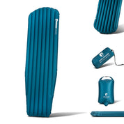 Ultraleichte Isomatte für 3 Jahreszeiten, voll aufgeblasen, mit passendem Pumpbeutel. Zeigt auch die Matte gerollt und flach gepackt. Perfekt für Trekking und Camping.