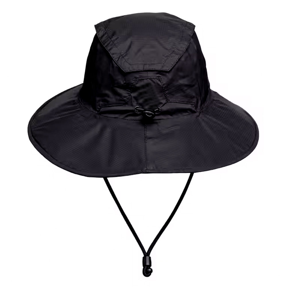 Leichter Regenhut mit breiter Krempe, verstellbarem Kinnriemen und Zugband, aus 100% recyceltem Polyester, wasserdicht und atmungsaktiv, ideal für Outdoor-Aktivitäten.