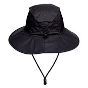 Leichter Regenhut mit breiter Krempe, verstellbarem Kinnriemen und Zugband, aus 100% recyceltem Polyester, wasserdicht und atmungsaktiv, ideal für Outdoor-Aktivitäten.