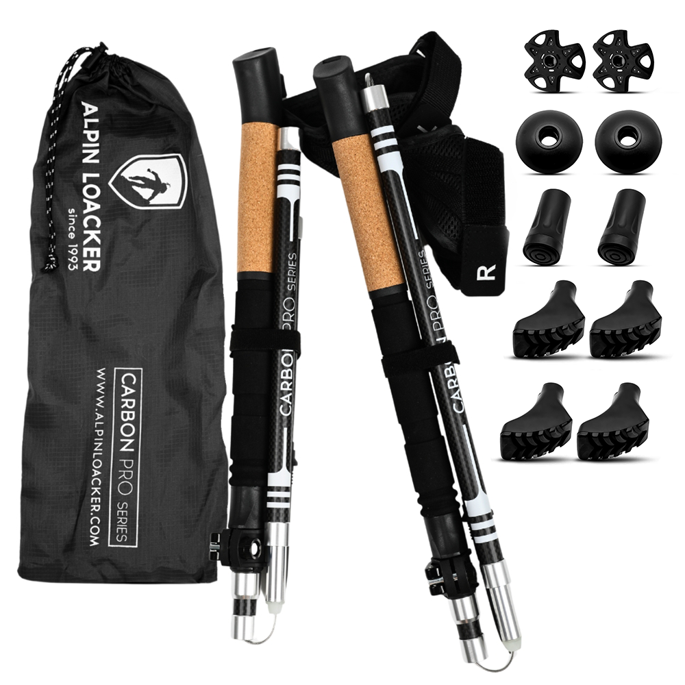 Faltbare Trailrunning Stöcke aus Carbon mit Korkgriffen, verstellbar, inklusive vier Spitzen/Baskets und Transporttasche. Ideal für Wandern, Trailrunning und Nordic Walking.