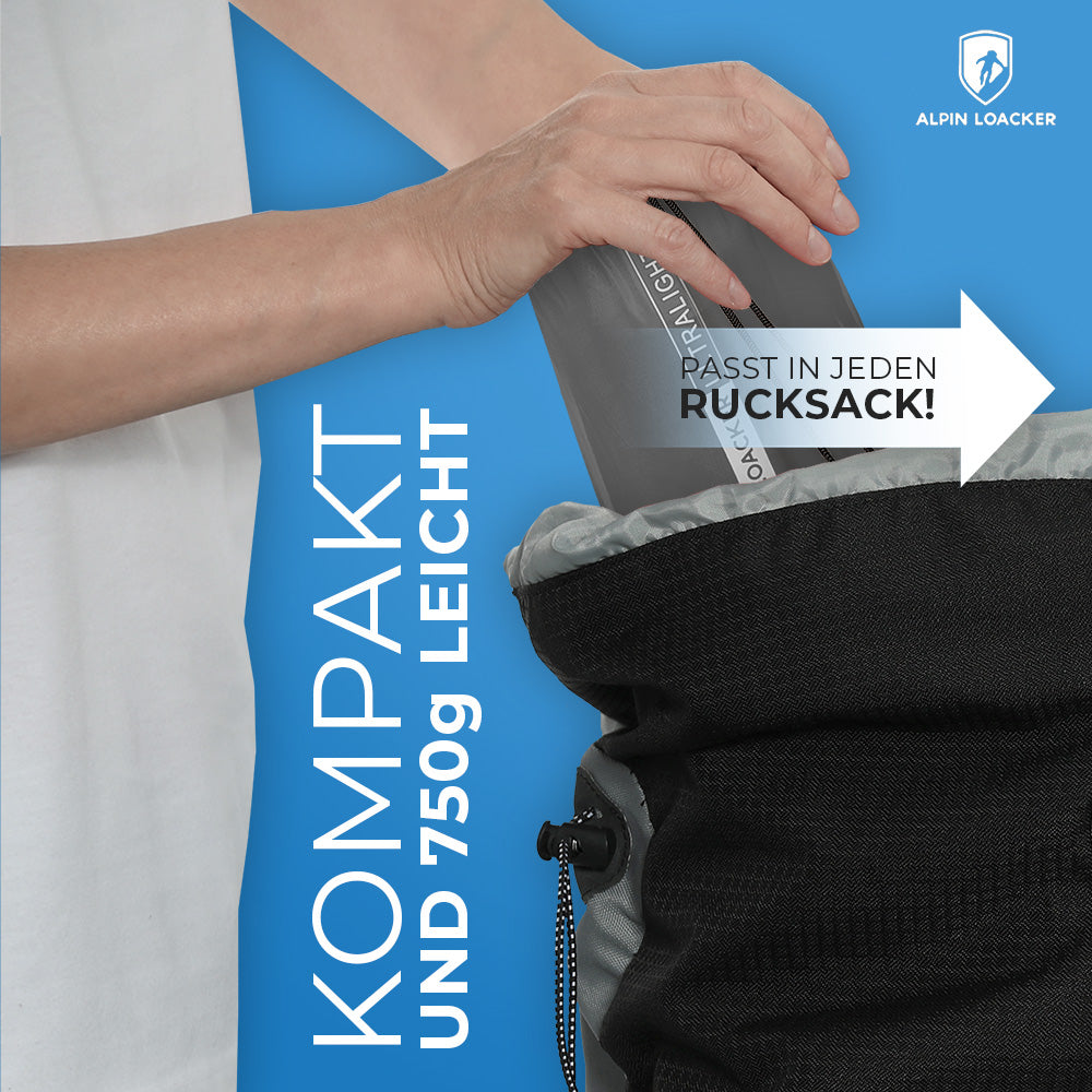 Hand legt grauen Traillight-Sack in schwarzen Rucksack. Text: Kompakt und 750 g leicht. Alpin Loacker-Logo oben rechts. Promotet leichte Isomatte isoliert mit Kunstdaune.