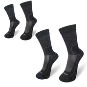 Leichte Merino Wandersocken Herren & Damen: Zwei Paar dunkelgraue, atmungsaktive Socken mit Mesh-Panelen und gepolsterter Sohle, ideal für Outdoor-Aktivitäten und Wanderungen.