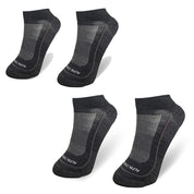 Leichte Merino Wandersocken Herren & Damen: Vier Paar dunkelgraue, atmungsaktive, temperaturregulierende Socken mit Mesh-Panels und verstärkten Fersen für optimalen Komfort bei Outdoor-Aktivitäten.