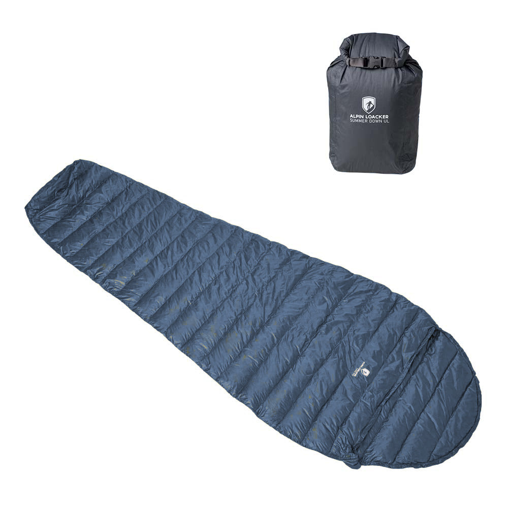 grau, flach ausgebreitet mit passendem Roll-Top Kompressionssack Alpin Loacker Summer Down UL, ideal für Outdoor-Abenteuer.