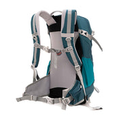 30 L Wanderrucksack Herren & Damen von Alpin Loacker, Rückansicht: gepolsterte, belüftete Rückenpartie, verstellbare Schultergurte, Brustgurt, Hüftgurt, Seitentaschen, Kompressionsriemen.