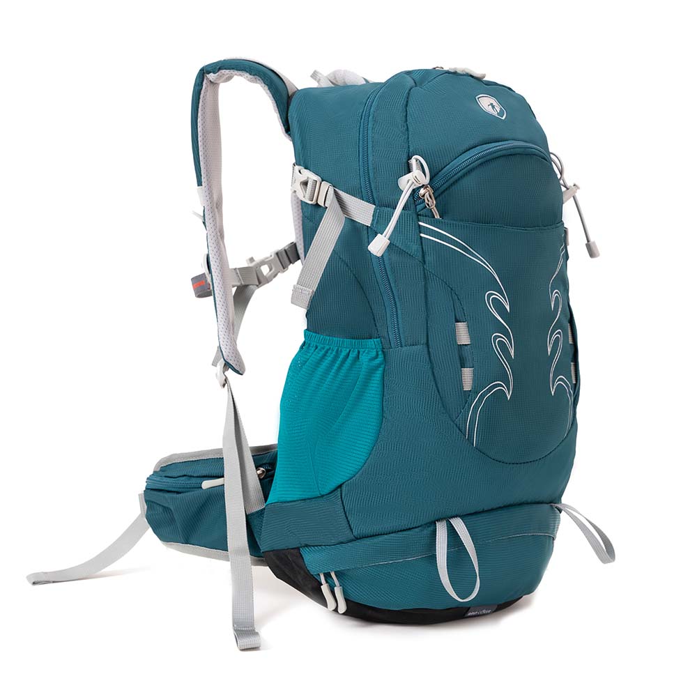 30 L Wanderrucksack Herren & Damen mit gepolsterten Trägern, belüftetem Rücken, seitlichen Netztaschen, Hüftgurt, Kompressionsriemen und weißem Swirl-Design für Outdoor-Abenteuer.