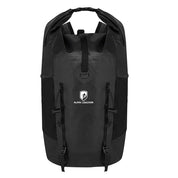 Leichter Rucksack wasserdicht Alpin Loacker Lotus 25 2.0, schwarz, mit Rolltop-Verschluss, Schultergurten und Front-Riemen für Wanderstöcke, ideal für Outdoor-Abenteuer.