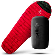 Leichter Sommer Daunenschlafsack mit Alpin Loacker Logo, inklusive schwarzem Kompressionssack. Ideal für ultraleichtes Camping und Outdoor-Abenteuer.