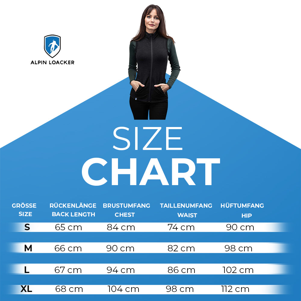 Größentabelle für die Merino Weste Damen 270g/m² von Alpin Loacker mit einer Frau im schwarzen Reißverschlussweste und Tabelle der Maße in cm für S bis XL.