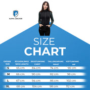 Größentabelle für die Merino Weste Damen 270g/m² von Alpin Loacker mit einer Frau im schwarzen Reißverschlussweste und Tabelle der Maße in cm für S bis XL.