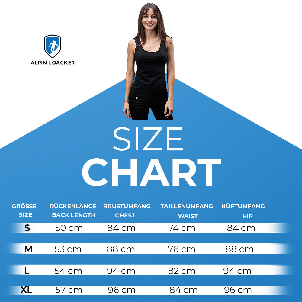 Alpin Loacker Merino Tank Top Damen 150g/m2: Größentabelle mit Maßen für S, M, L, XL; Modell trägt schwarzes Tank-Top. Perfekt für Outdoor-Abenteuer.