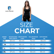 Alpin Loacker Merino Tank Top Damen 150g/m2: Größentabelle mit Maßen für S, M, L, XL; Modell trägt schwarzes Tank-Top. Perfekt für Outdoor-Abenteuer.