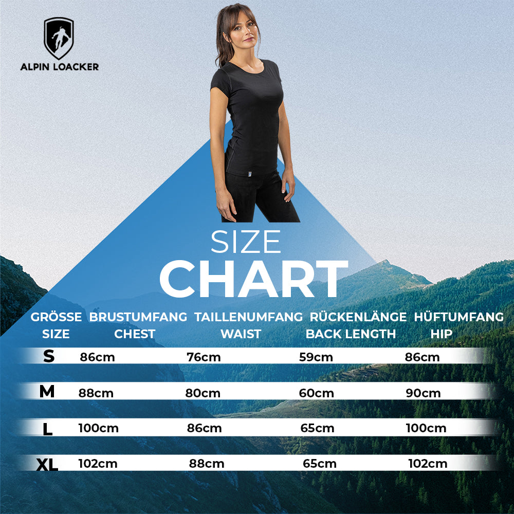 Frau im Alpin Loacker Merino T-Shirt Damen 150g/m2 vor Bergkulisse, daneben Größentabelle mit Brust-, Taille-, Rücken- und Hüftmaßen in cm.