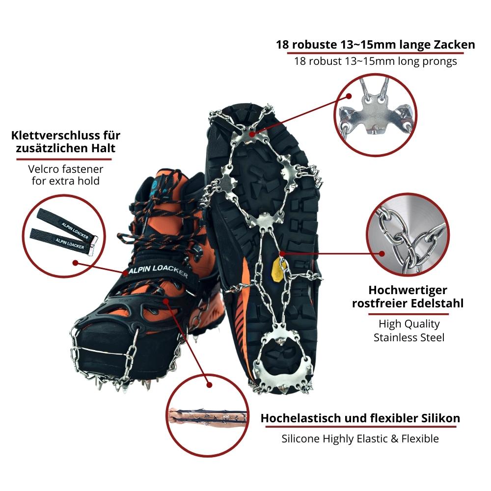 Chain Pro 18 Grödel mit 18 Stahlzacken, elastischem Silikon, Edelstahlketten und Klettverschluss, ideal für sicheren Halt auf Eis und Schnee.