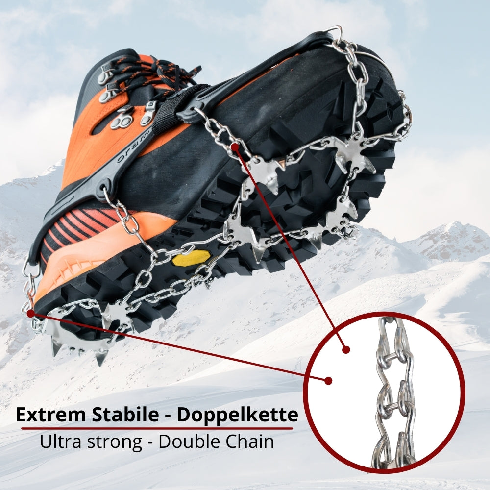 Kletterstiefel mit Alpin Loacker Chain Pro 18 Grödeln, doppelte Kettenstruktur, 18 Spikes für sicheren Halt auf Eis, ideal für Winterwanderungen und Bergtouren.