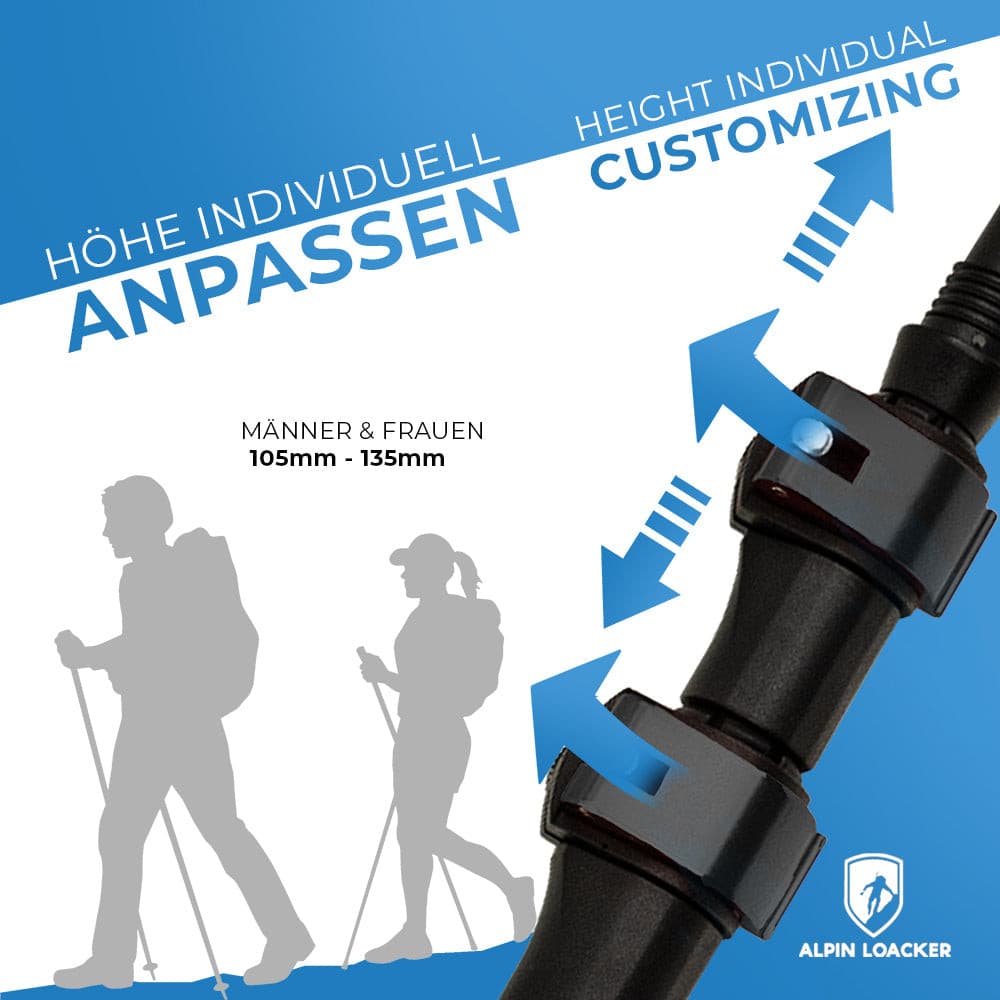 Promotional graphic für Teleskop Wanderstöcke aus Carbon, zeigt verstellbare Segmente mit blauen Pfeilen, geeignet für Männer und Frauen, Logo von Alpin Loacker unten rechts.
