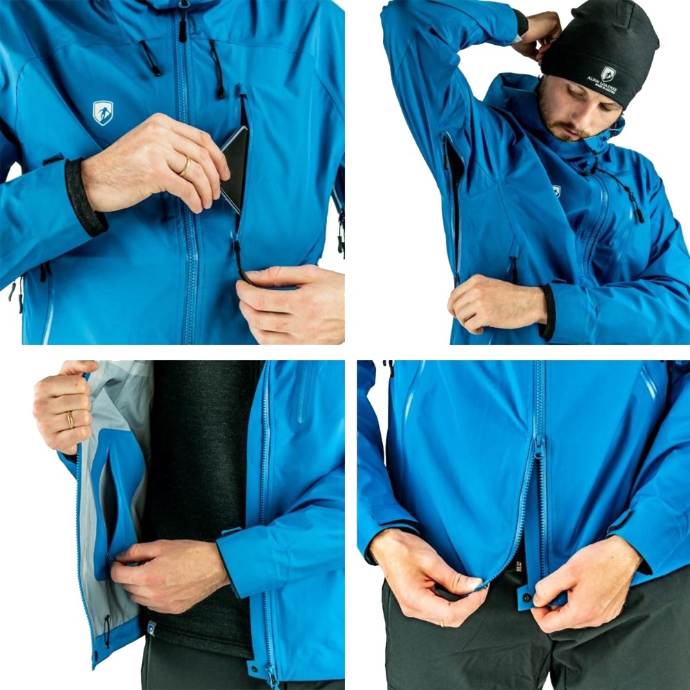 Mann zeigt Funktionen der Herren 3 Lagen Hardshell Regenjacke: Brusttasche, Unterarmbelüftung, Innentasche, Frontverschluss. Ideal für Outdoor-Aktivitäten dank wasserdichtem, atmungsaktivem Design.