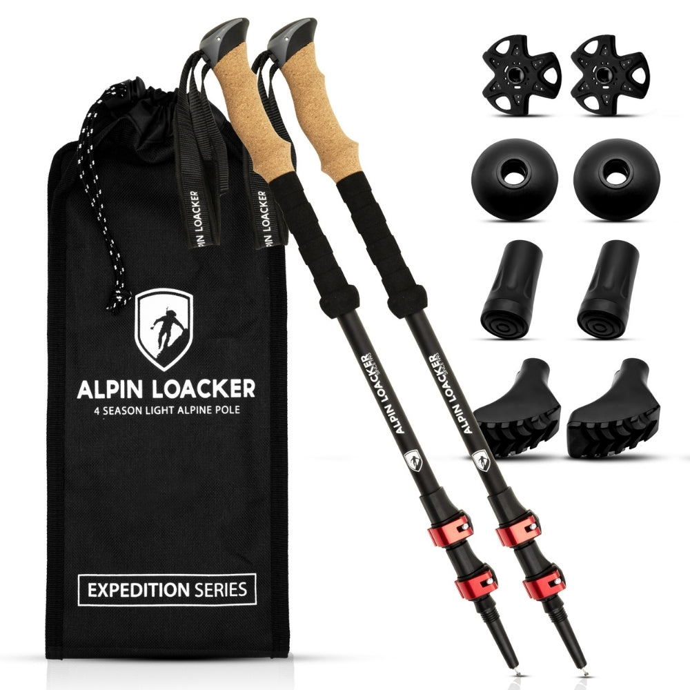 Teleskop Wanderstöcke aus Aluminium: Komplettes Set mit ergonomischen Korkgriffen, verstellbaren Abschnitten, Zubehör und Transporttasche für Trekking- und Schneetouren.