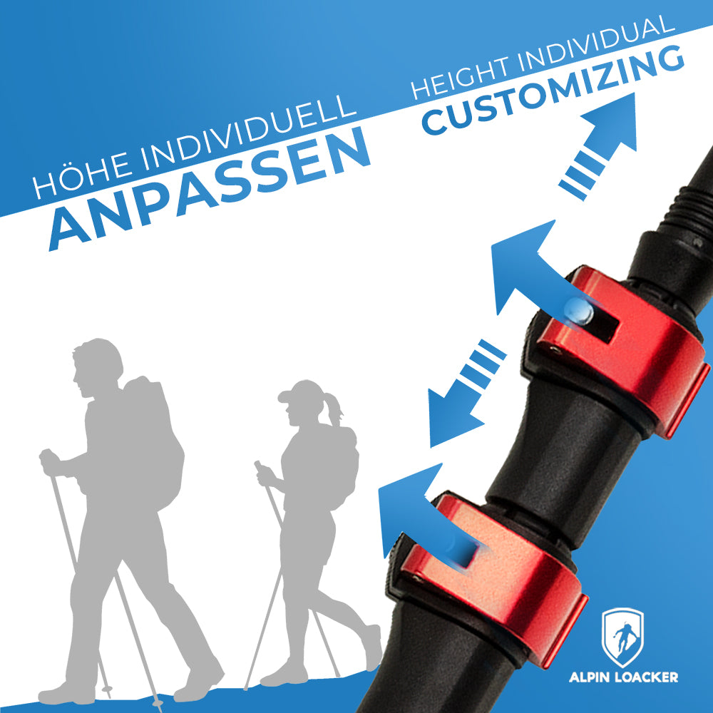 Teleskop Wanderstöcke aus Aluminium mit roten Schnellverschlüssen, blauen Höhenanpassungspfeilen, Silhouetten von Wanderern und dem Alpin Loacker Logo; individuell höhenverstellbar.
