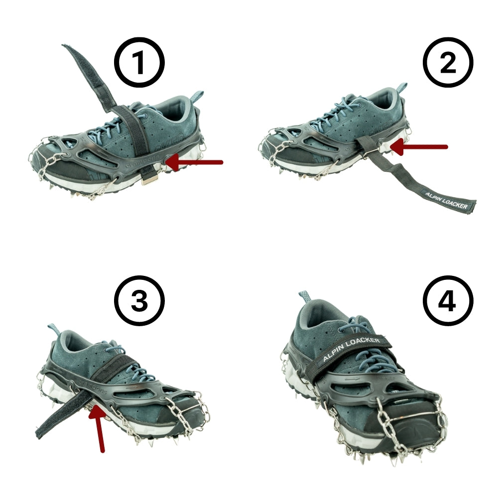 Diagramm zeigt Anbringen der Alpin Loacker Chain Pro 18 Grödeln auf einem Wanderschuh mit Spikes für sicheren Halt auf Eis und Schnee, inklusive verstellbarem Riemen.