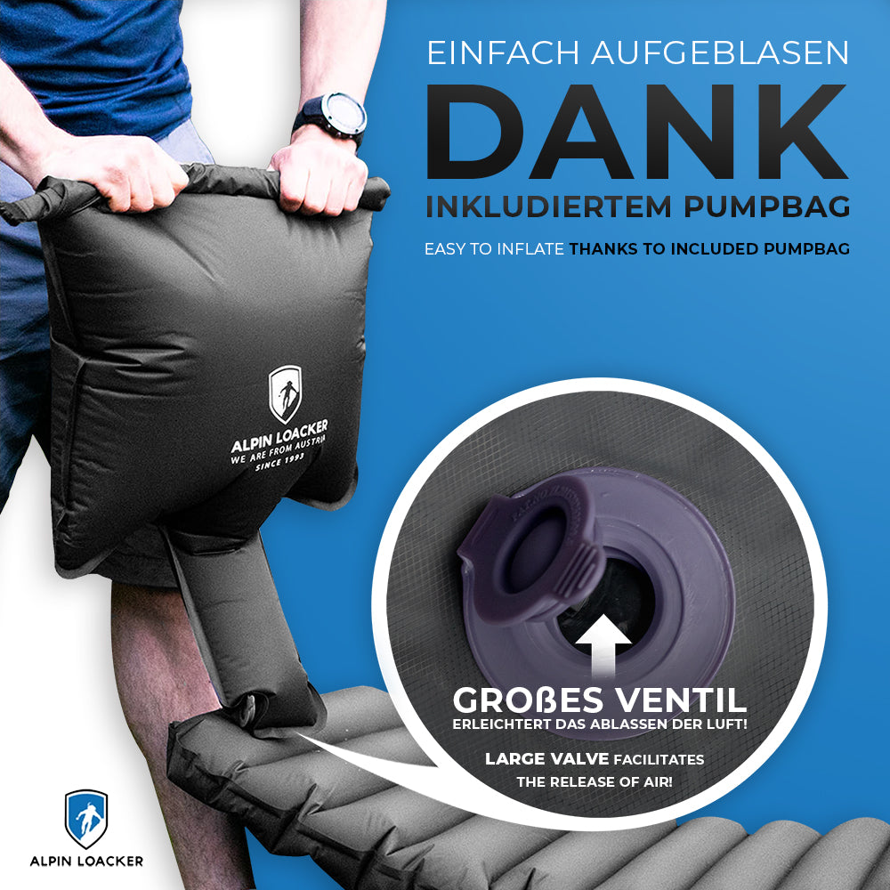 Leichte Isomatte isoliert mit Kunstdaune, aufgeblasen mit Pumpbag, großes Ventil sichtbar. Alpin Loacker-Logo und Slogan, ideal für Camping und Trekking.