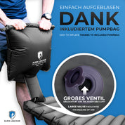 Leichte Isomatte isoliert mit Kunstdaune, aufgeblasen mit Pumpbag, großes Ventil sichtbar. Alpin Loacker-Logo und Slogan, ideal für Camping und Trekking.