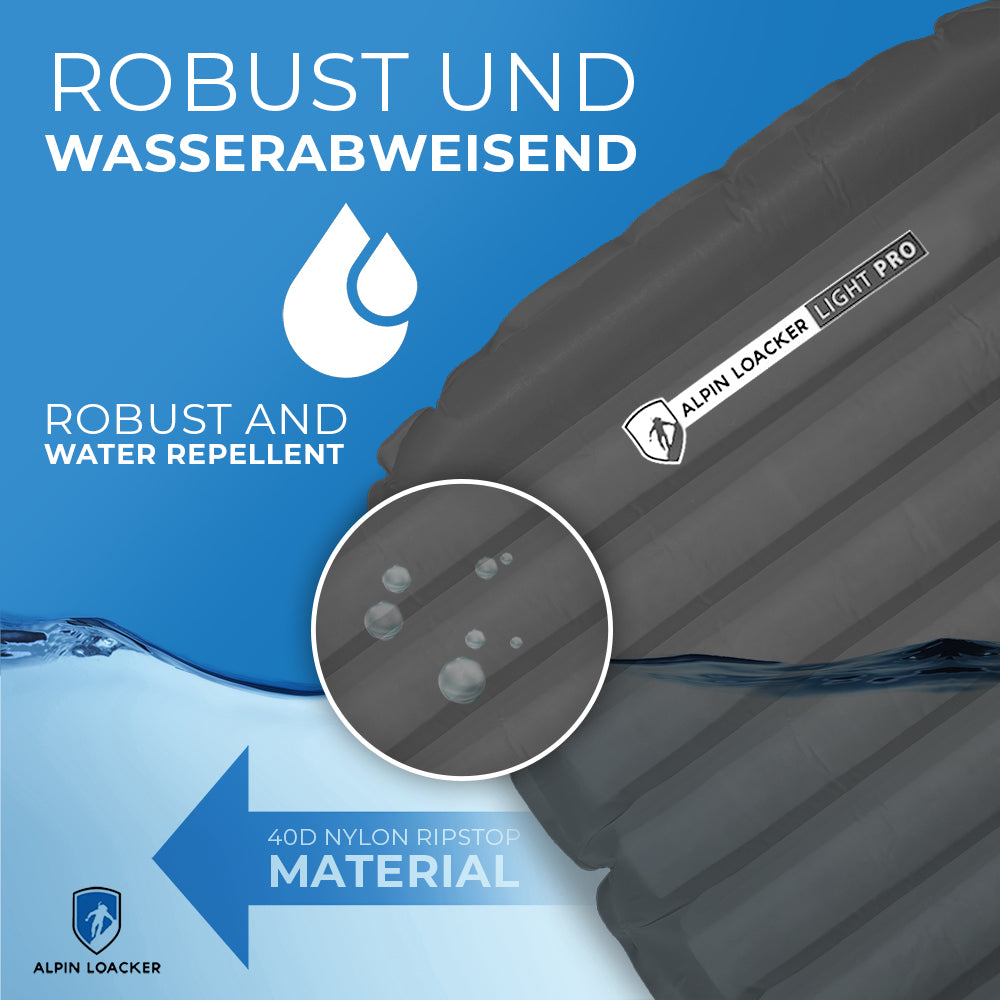 Leichte Isomatte isoliert mit Kunstdaune, robust und wasserabweisend, 40D Nylon Ripstop, zeigt Wasserabweisung und Logo, ideal für Outdoor-Aktivitäten.