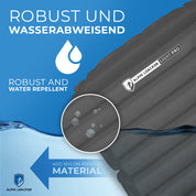 Leichte Isomatte isoliert mit Kunstdaune, robust und wasserabweisend, 40D Nylon Ripstop, zeigt Wasserabweisung und Logo, ideal für Outdoor-Aktivitäten.