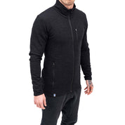 Merino Jacke Herren 270 g/m²: Slim-fit schwarze Jacke mit Stehkragen und Reißverschlusstaschen, ideal für Outdoor-Abenteuer und täglichen Komfort.