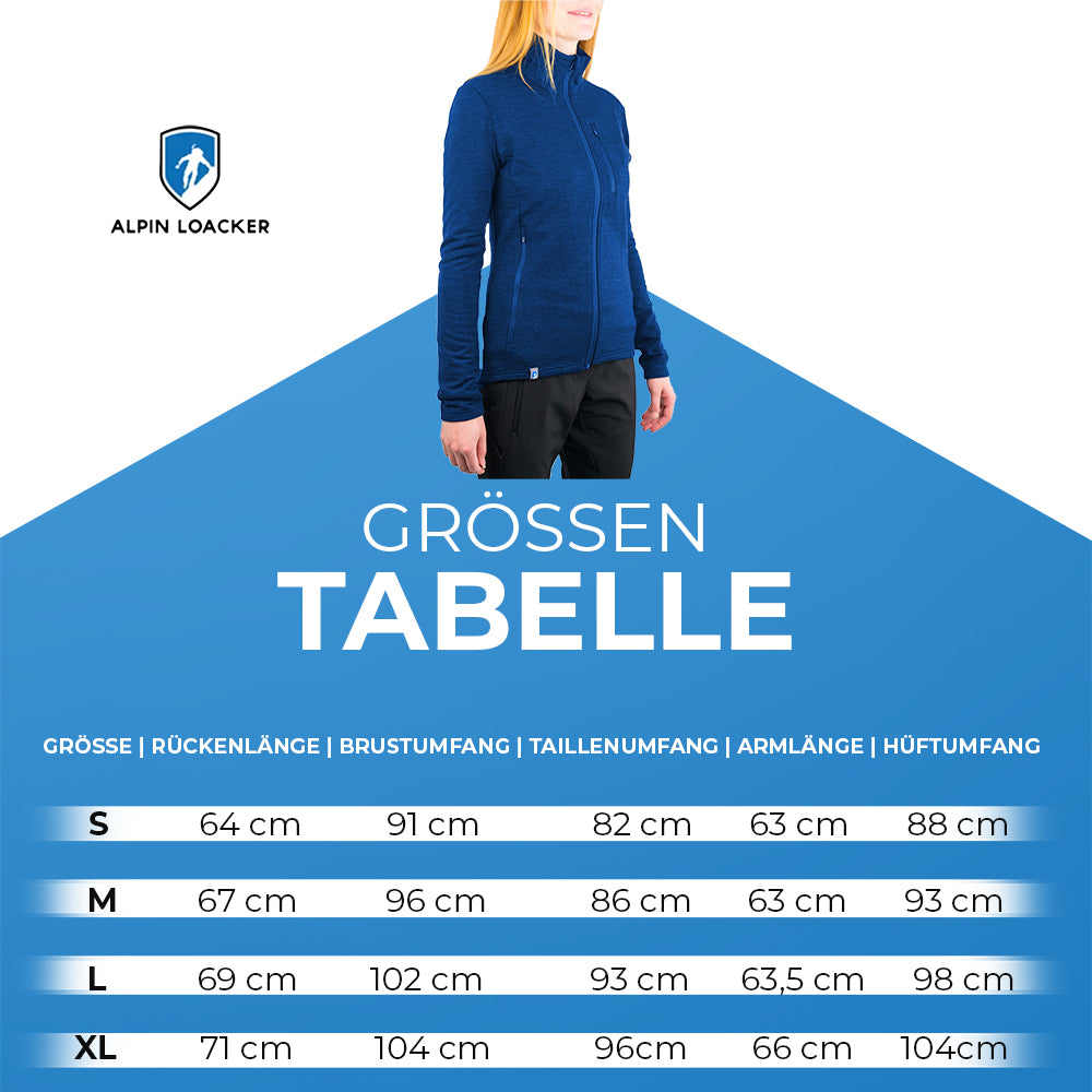 Merino Jacke Damen 270 g/m²: Frau in blauer Fleecejacke, darunter Größentabelle mit Maßen für S-XL. Ideal für Outdoor-Abenteuer, bietet Komfort und Funktionalität.