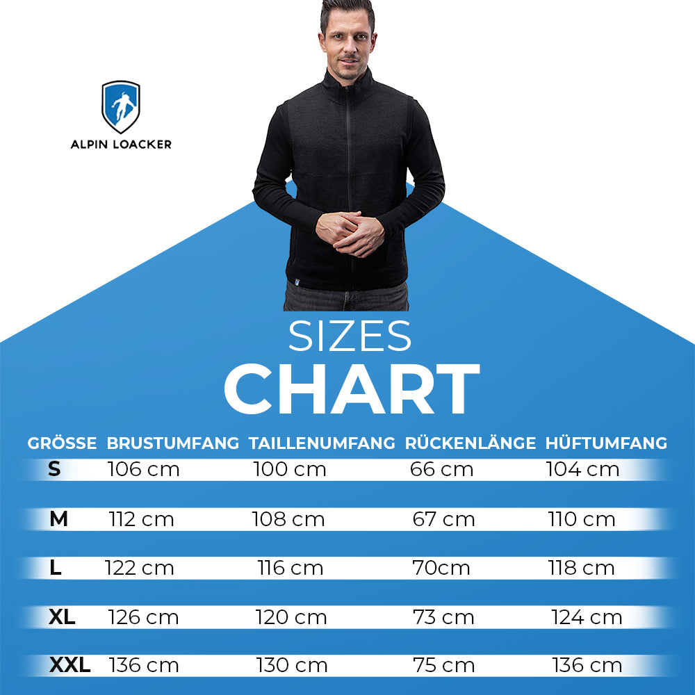 Größentabelle für Alpin Loacker Merino Weste Herren, zeigt Maße für S-XXL mit Brust-, Taillen-, Rücken- und Hüftumfang, ideal als Midlayer für Outdoor-Aktivitäten.