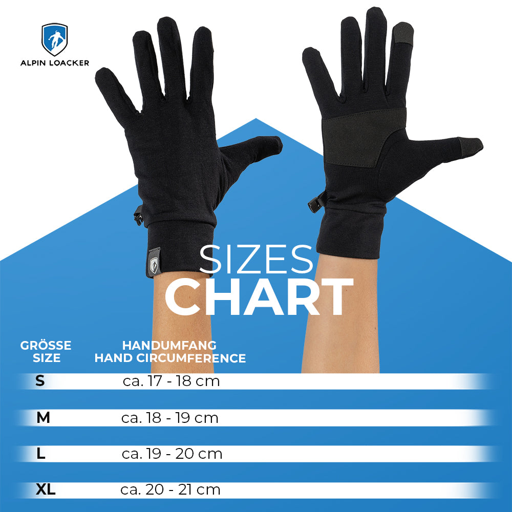 Größentabelle für Alpin Loacker Merino Handschuhe mit Touch Funktion, vordere und hintere Ansicht, zeigt Größen S bis XL basierend auf Handumfang.