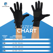 Größentabelle für Alpin Loacker Merino Handschuhe mit Touch Funktion, vordere und hintere Ansicht, zeigt Größen S bis XL basierend auf Handumfang.