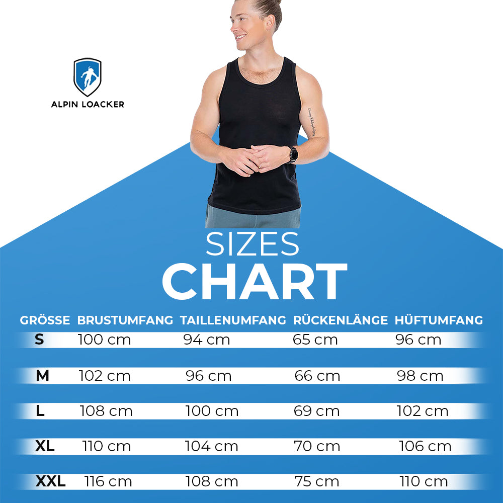 Größentabelle für das Merino Tank Top Herren 150 g/m² von Alpin Loacker. Oberteil und Maße (Brustumfang, Taillenumfang, Rückenlänge, Hüftumfang) in cm für Größen S-XXL.