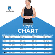 Größentabelle für das Merino Tank Top Herren 150 g/m² von Alpin Loacker. Oberteil und Maße (Brustumfang, Taillenumfang, Rückenlänge, Hüftumfang) in cm für Größen S-XXL.