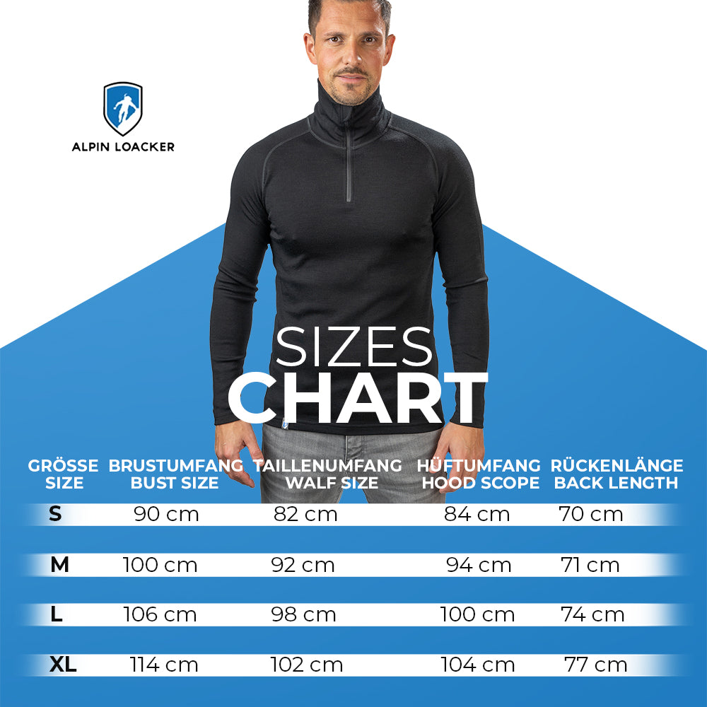 Merino Langarmshirt mit Zip Herren 230 g/m²: Schwarzes, langärmeliges Funktionsshirt, ¼-Zip, Alpin Loacker Logo. Größenübersicht mit Brust-, Taille-, Hüft-, und Rückenmaßen. Ideal für Outdoor-Abenteuer.
