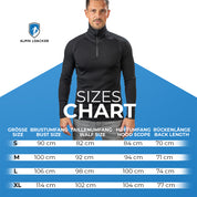 Merino Langarmshirt mit Zip Herren 230 g/m²: Schwarzes, langärmeliges Funktionsshirt, ¼-Zip, Alpin Loacker Logo. Größenübersicht mit Brust-, Taille-, Hüft-, und Rückenmaßen. Ideal für Outdoor-Abenteuer.