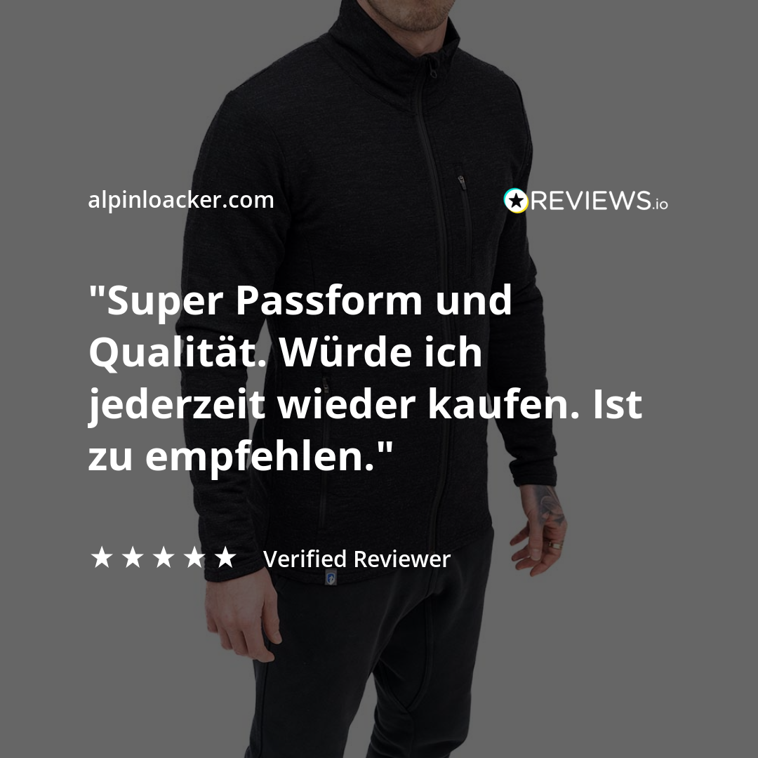 Merino Jacke Herren 270 g/m²: 5-Sterne-Bewertung für exzellente Passform und Qualität, ideal für Outdoor-Abenteuer. Gezeigt mit alpinloacker.com und Verified Reviewer.