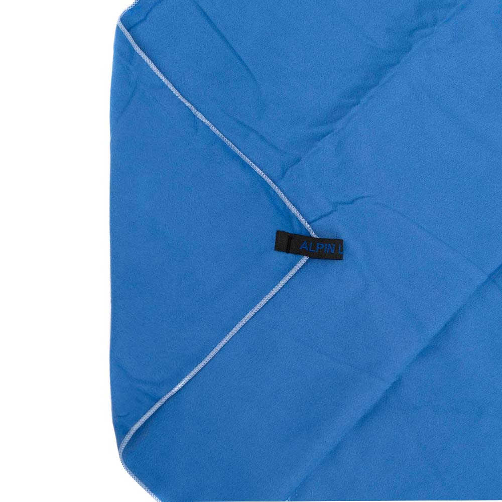Mikrofaser Handtuch Set Körper + Gesicht, blaues, leichtes Gewebe mit Kontrastnaht und ALPIN Etikett, ideal für Reisen und Outdoor-Aktivitäten.