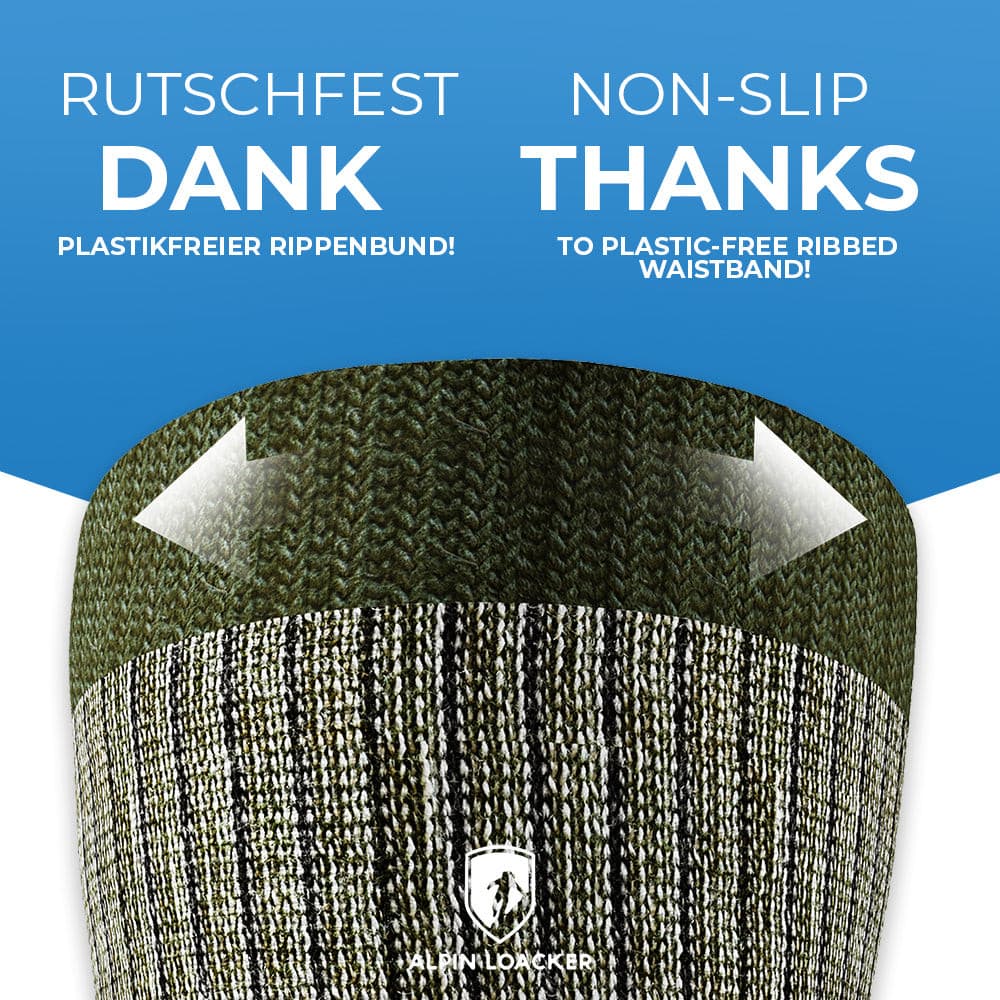 Dehnbarer, plastikfreier Rippenbund der Merino Wandersocken Classic Herren & Damen mit rutschfestem Design, ideal für Outdoor-Abenteuer. Alpinlocker Logo unten sichtbar.