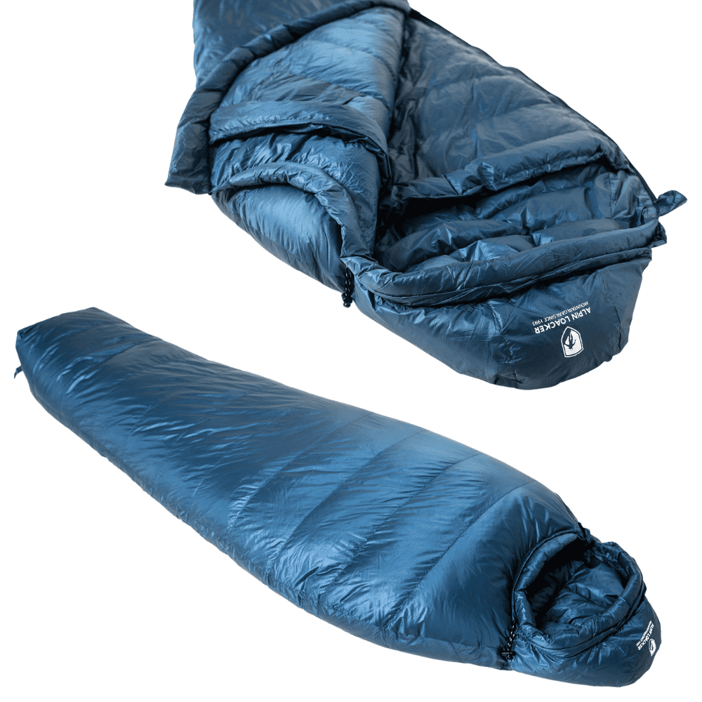 Down Pro 3 Jahreszeiten Schlafsack 860g von Alpin Loacker: Mumienform, sichtbar mit Kapuze und Reißverschluss; komplett geschlossen, zeigt die konische Fußbox. Perfekt für Outdoor-Abenteuer.