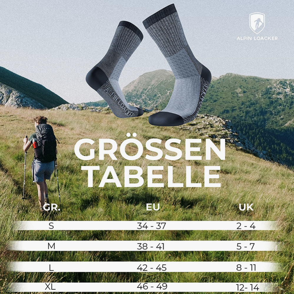Merino Wandersocken Classic Herren & Damen, schwebend über Bergwiese, mit Größentabelle: S bis XL für EU/UK Schuhgrößen; ideal für Komfort und Outdoor-Abenteuer.