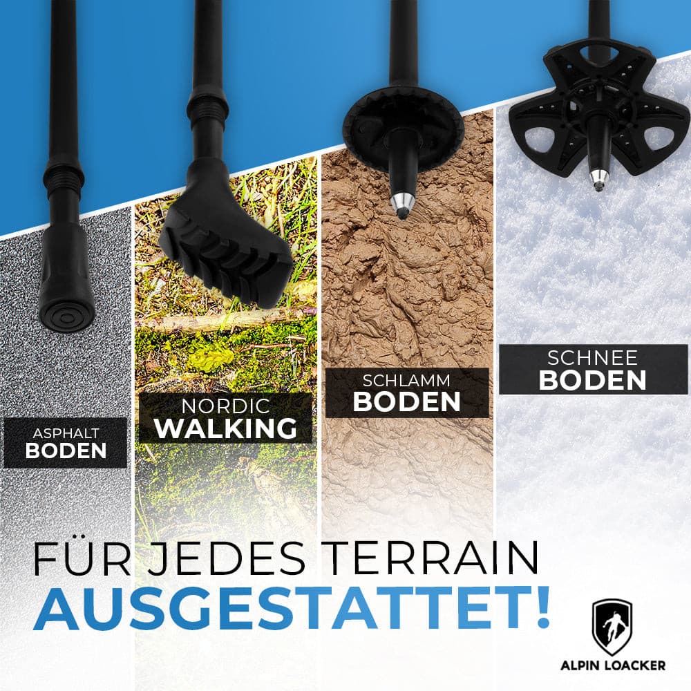 Teleskop Wanderstöcke aus Carbon mit vier Spitzen für Asphalt, Nordic Walking, Schlamm und Schnee von Alpin Loacker; ideal für jeden Untergrund.