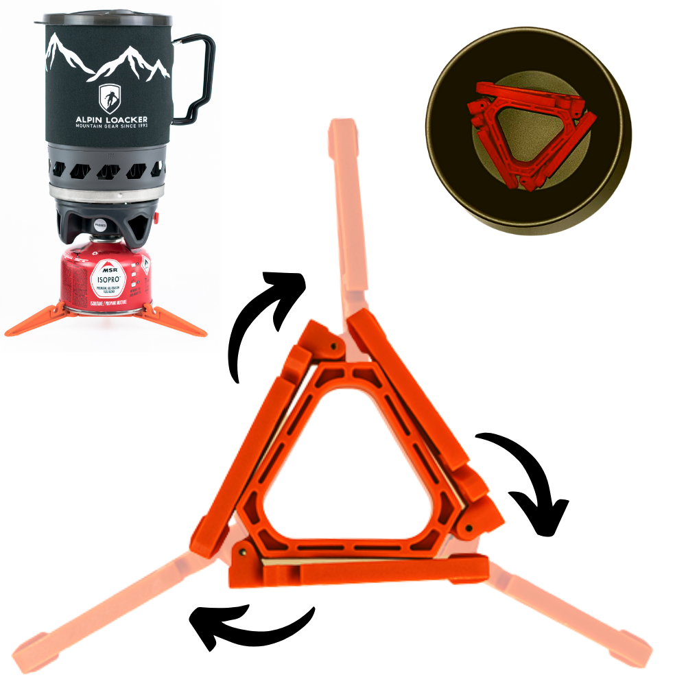 Camping Gaskocher Set mit faltbarem Dreibein-Stativ für Gaskartuschen. Stabiler Halt für effizientes Kochen im Freien. Ideal für Camping- und Trekking-Abenteuer.
