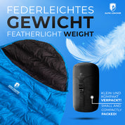 Leichter Sommer Daunenschlafsack: Ultraleichter, kompakter Schlafsack von Alpin Loacker, offen und verpackt gezeigt, ideal für Reisen und Outdoor-Abenteuer.