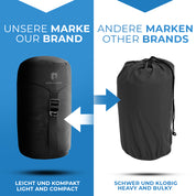 Vergleich von Schlafsack-Packsäcken: Alpin Loacker Leichter Sommer Daunenschlafsack (leicht und kompakt) neben einem schweren, klobigen Modell anderer Marken.