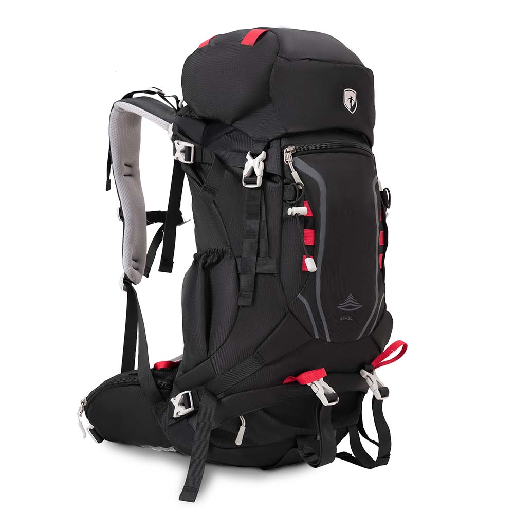 35 Liter Wanderrucksack Herren & Damen mit gepolsterten Trägern, belüftetem Rücken, Hüftgurt, externen Befestigungspunkten und integriertem Regenschutz für Outdoor-Abenteuer.