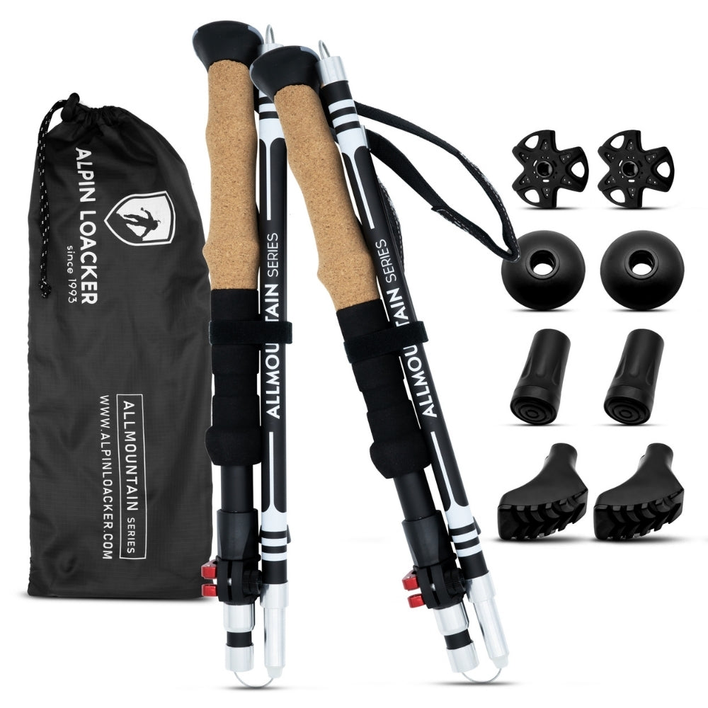 Faltbare Wanderstöcke aus Aluminium mit Korkgriffen, Zubehör: Schneeteller, Trekkingteller, Gummispitzen, Transporttasche von Alpin Loacker – ideal für vielseitige Outdoor-Aktivitäten.